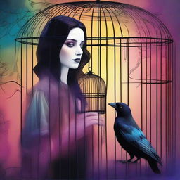 A colorful image of a promiscuous woman finding a raven trapped in a cage