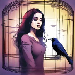 A colorful image of a promiscuous woman finding a raven trapped in a cage