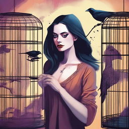 A colorful image of a promiscuous woman finding a raven trapped in a cage