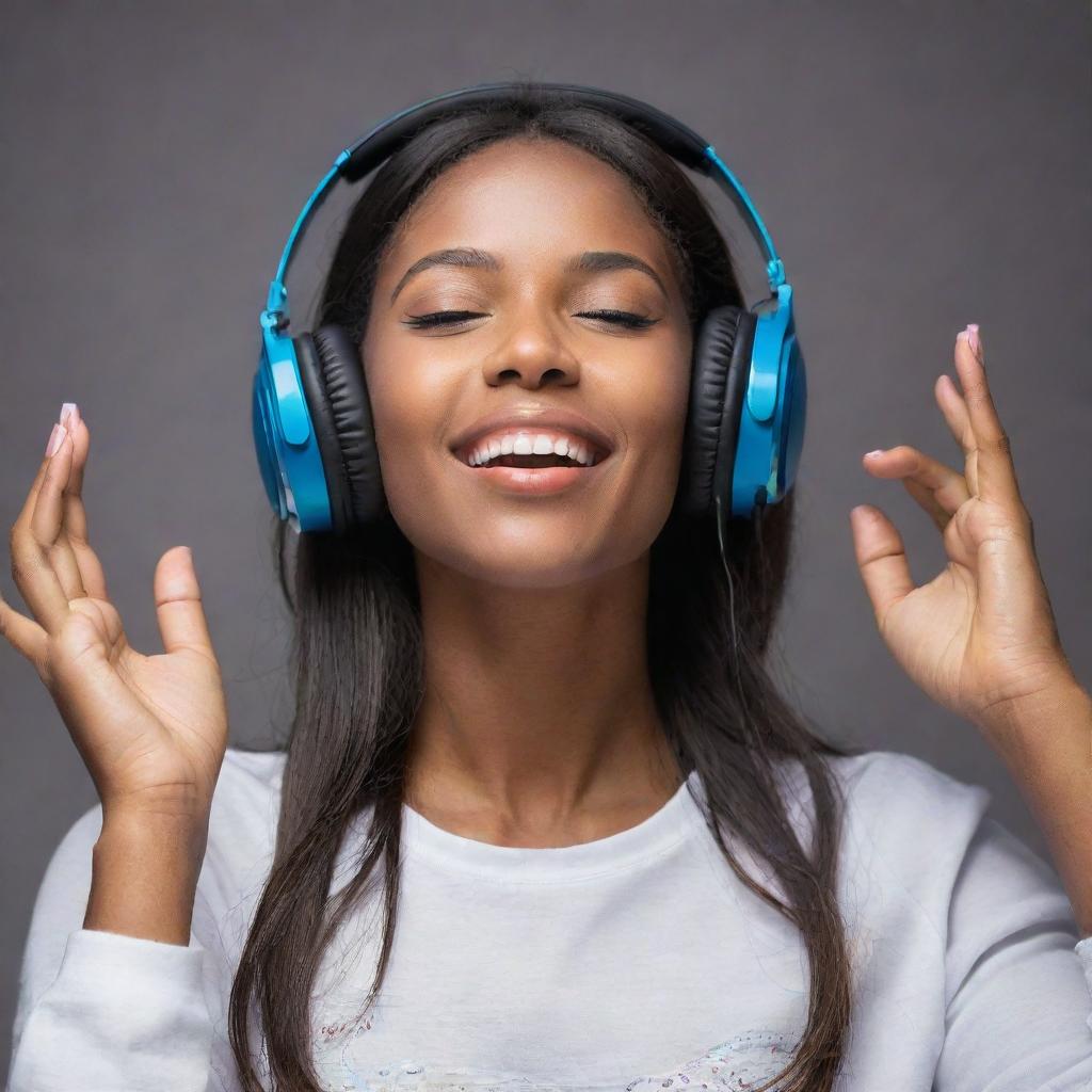 A radiant girl fully engaged in the sweet melody of music emanating from her headphones, lost in the rhythm and the beat.