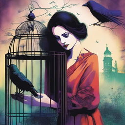 A colorful image of a promiscuous woman finding a raven trapped in a cage