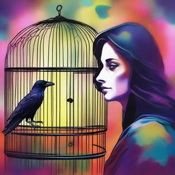 A colorful image of a raven trapped in a cage with a woman looking at it