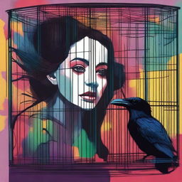 A colorful image of a raven trapped in a cage with a woman looking at it