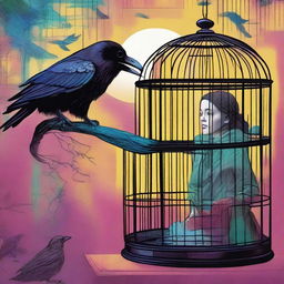 A colorful image of a raven trapped in a cage with a woman looking at it