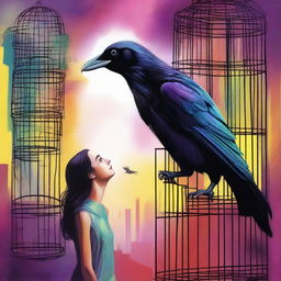 A colorful image of a raven trapped in a cage with a woman looking at it