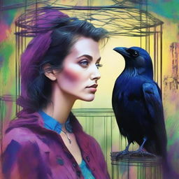 A colorful image of a raven trapped in a cage with a charming woman looking at it