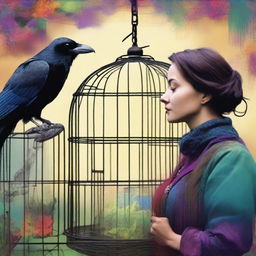 A colorful image of a raven trapped in a cage with a charming woman looking at it