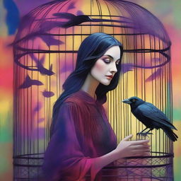 A colorful image of a raven trapped in a cage with a charming woman looking at it