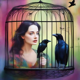 A colorful image of a raven trapped in a cage with a charming woman looking at it