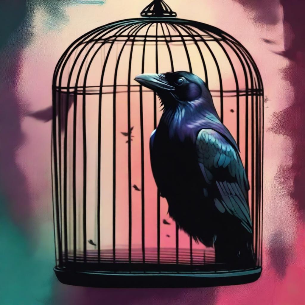 A colorful image depicting a raven trapped in a cage to prevent it from revealing a betrayal