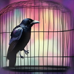 A colorful image depicting a raven trapped in a cage to prevent it from revealing a betrayal