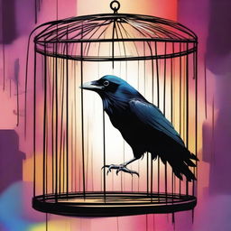 A colorful image depicting a raven trapped in a cage to prevent it from revealing a betrayal