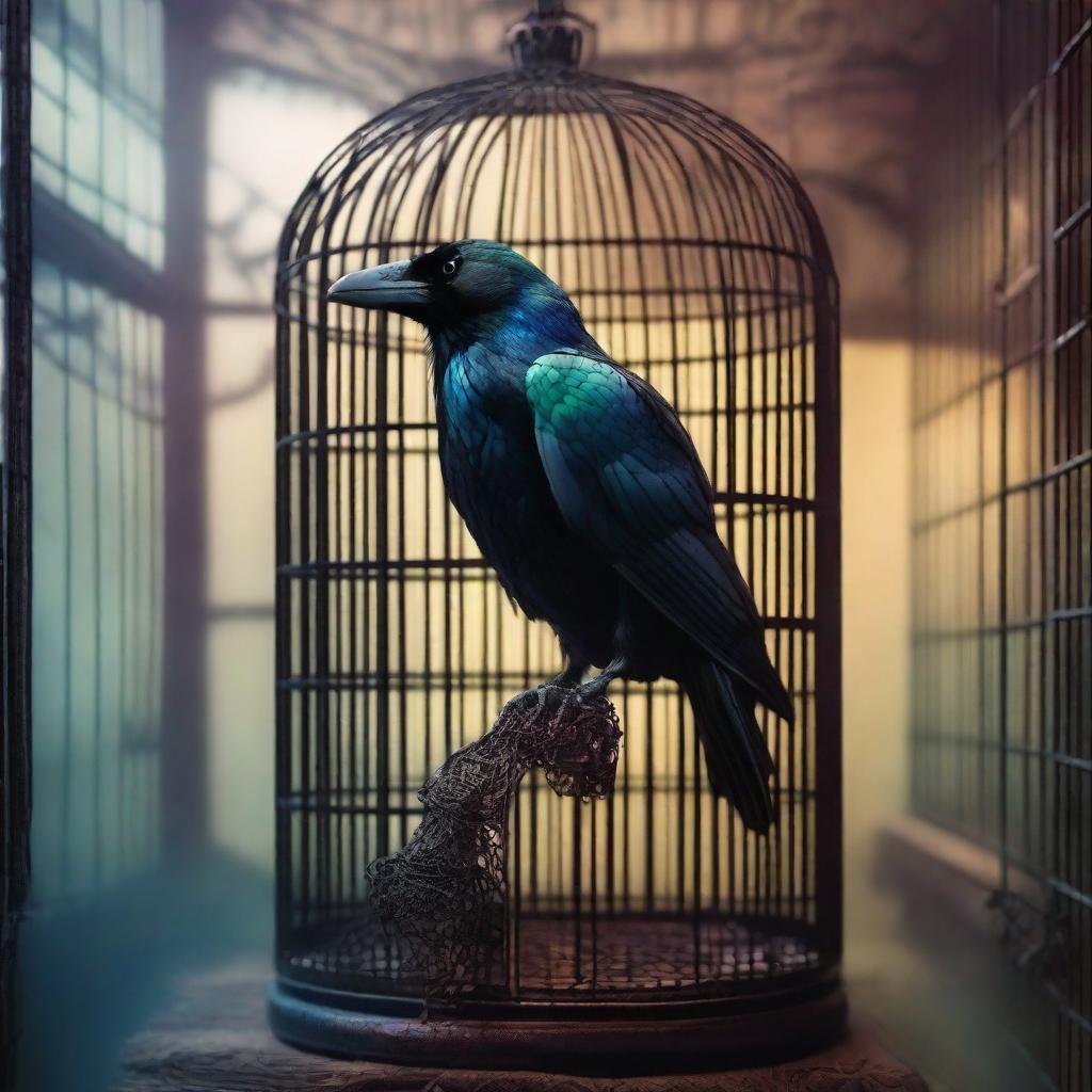 A colorful image of a raven trapped in a cage inside a room to prevent it from revealing a betrayal