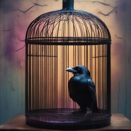 A colorful image of a raven trapped in a cage inside a room to prevent it from revealing a betrayal