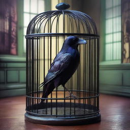 A colorful image of a raven trapped in a cage inside a room to prevent it from revealing a betrayal