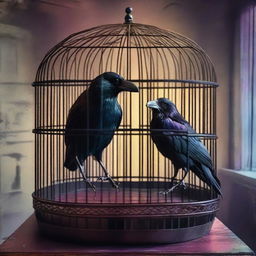 A colorful image of a raven trapped in a cage inside a room to prevent it from revealing a betrayal