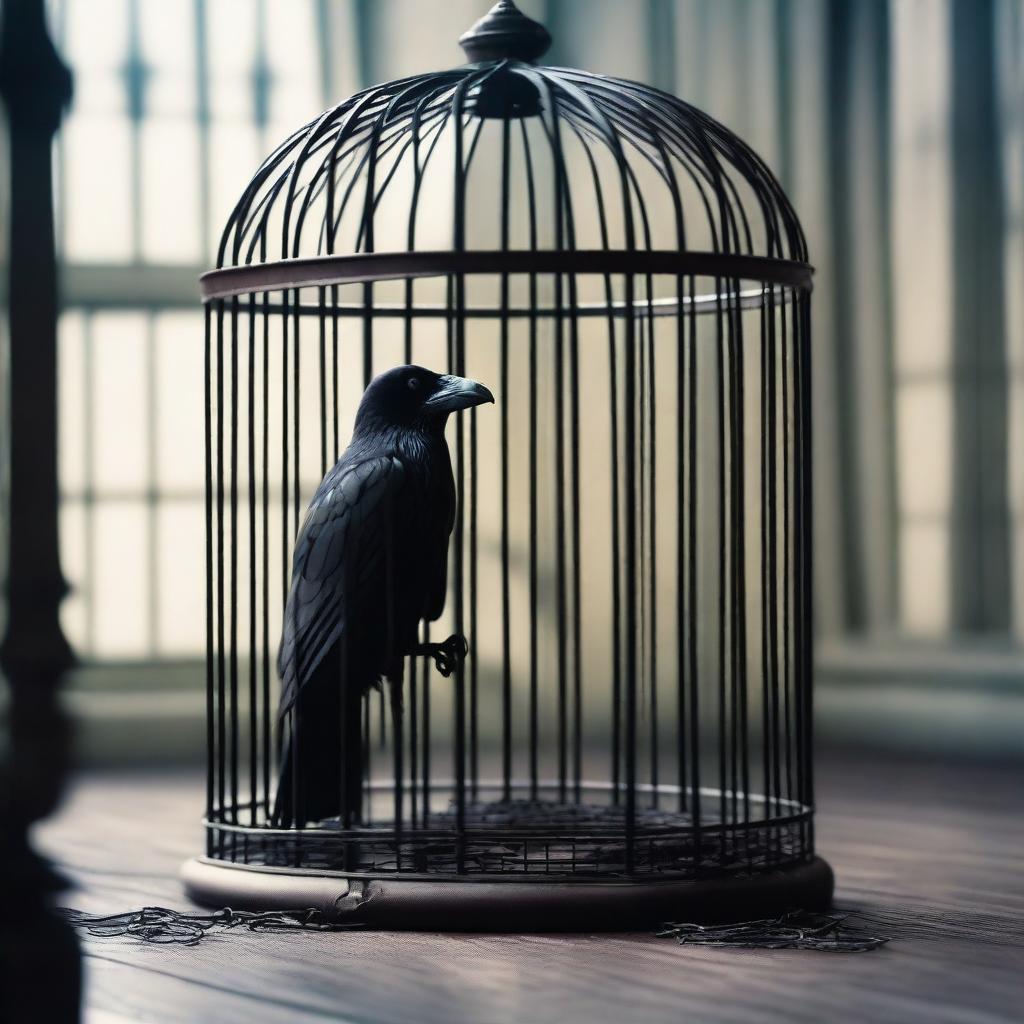 A subtly colored image of a raven trapped in a cage inside a room to prevent it from revealing a betrayal