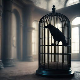 A subtly colored image of a raven trapped in a cage inside a room to prevent it from revealing a betrayal