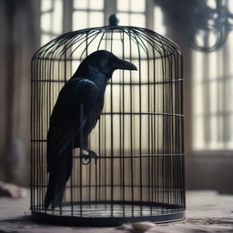 A subtly colored image of a raven trapped in a cage inside a room to prevent it from revealing a betrayal