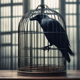 A subtly colored image of a raven trapped in a cage inside a room to prevent it from revealing a betrayal