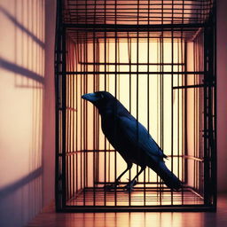 A colorful image of a kidnapped raven trapped in a cage inside a room to prevent it from revealing an affair