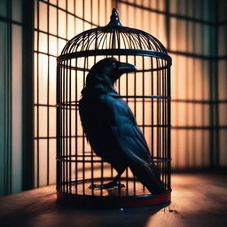 A colorful image of a kidnapped raven trapped in a cage inside a room to prevent it from revealing an affair