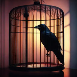 A colorful image of a kidnapped raven trapped in a cage inside a room to prevent it from revealing an affair