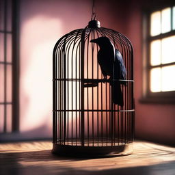 A colorful image of a kidnapped raven trapped in a cage inside a room to prevent it from revealing an affair