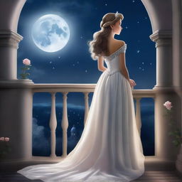 A captivating image of a princess on a full moon night, gazing at the sky