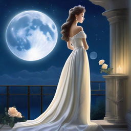 A captivating image of a princess on a full moon night, gazing at the sky