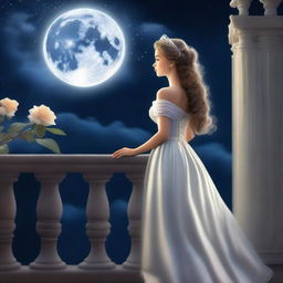 A captivating image of a princess on a full moon night, gazing at the sky