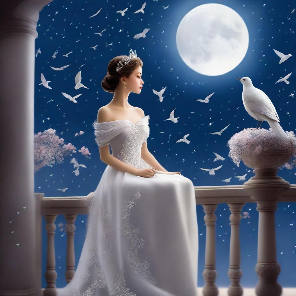 A captivating image of a princess on a full moon night, gazing at the sky with birds flying above