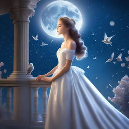 A captivating image of a princess on a full moon night, gazing at the sky with birds flying above