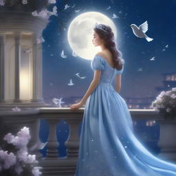 A captivating image of a princess on a full moon night, gazing at the sky with birds flying above