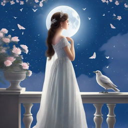 A captivating image of a princess on a full moon night, gazing at the sky with birds flying above