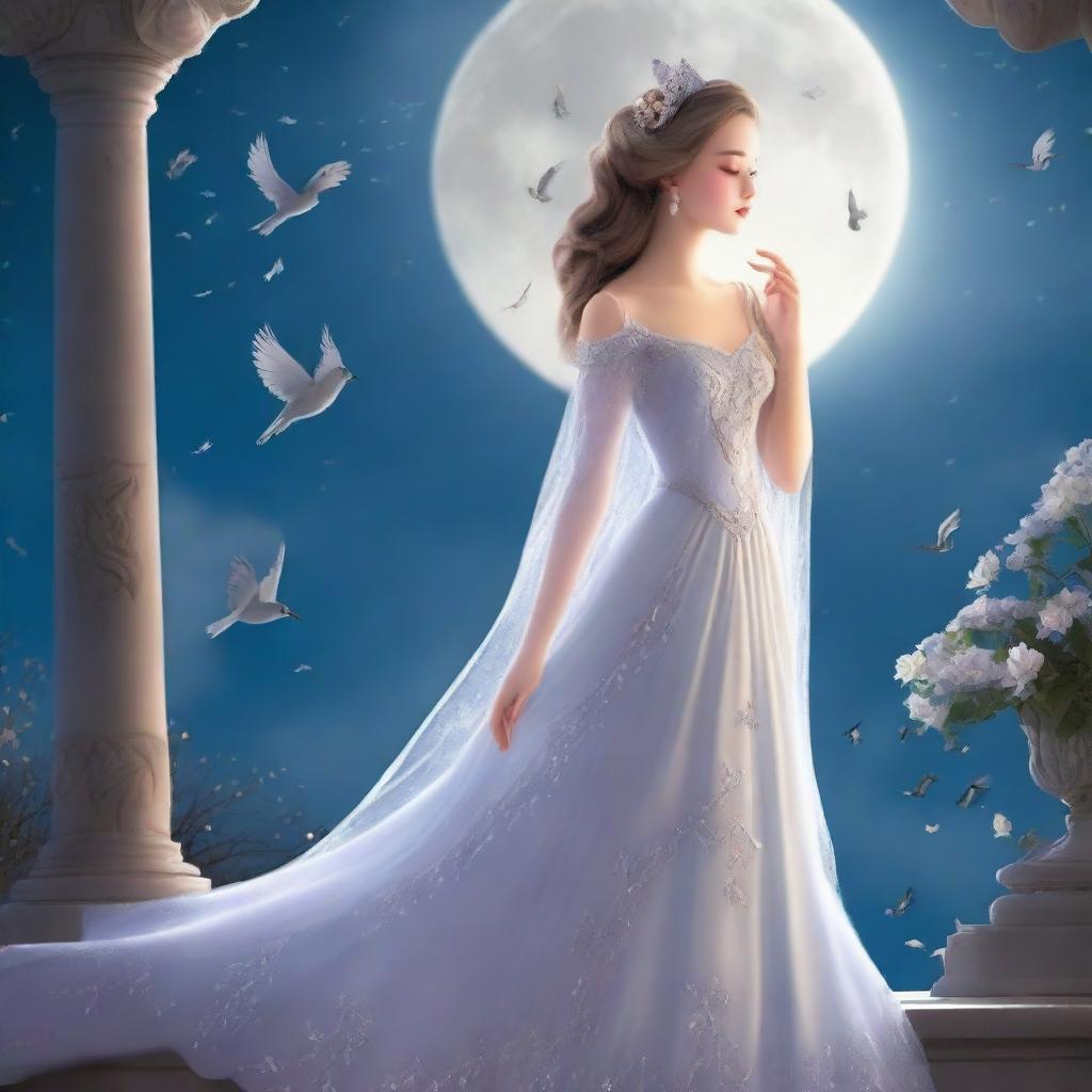 A captivating image of a princess on a full moon night, gazing at the sky with birds flying above