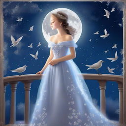 A captivating image of a princess on a full moon night, gazing at the sky with birds flying above