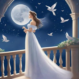 A captivating image of a princess on a full moon night, gazing at the sky with birds flying above