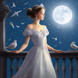 A captivating image of a princess on a full moon night, gazing at the sky with birds flying above