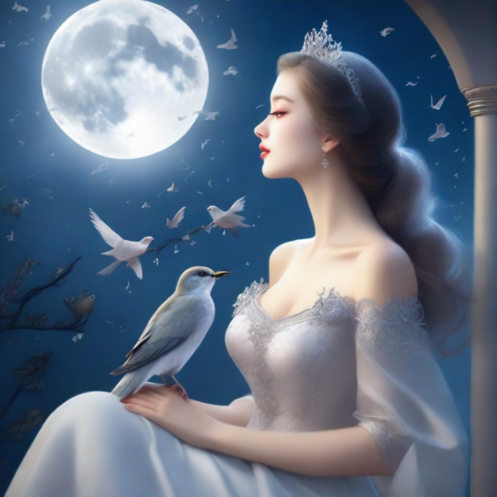 A captivating image of a woman in the form of a princess on a full moon night, gazing at the sky with birds flying above