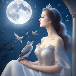 A captivating image of a woman in the form of a princess on a full moon night, gazing at the sky with birds flying above