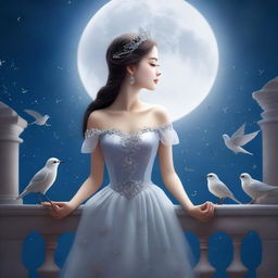 A captivating image of a woman in the form of a princess on a full moon night, gazing at the sky with birds flying above