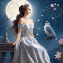 A captivating image of a woman in the form of a princess on a full moon night, gazing at the sky with birds flying above