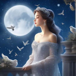 A beautiful woman who has transformed into a princess stands on a balcony on a full moon night, gazing at the sky with birds flying above