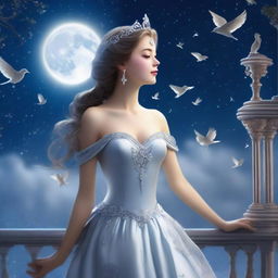 A beautiful woman who has transformed into a princess stands on a balcony on a full moon night, gazing at the sky with birds flying above