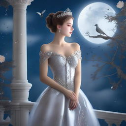 A beautiful woman who has transformed into a princess stands on a balcony on a full moon night, gazing at the sky with birds flying above