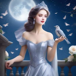 A beautiful woman who has transformed into a princess stands on a balcony on a full moon night, gazing at the sky with birds flying above