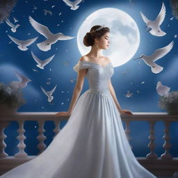 A beautiful woman who has transformed into a princess on a full moon night, gazing at the sky with birds flying above