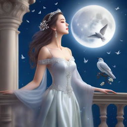 A beautiful woman who has transformed into a princess on a full moon night, gazing at the sky with birds flying above