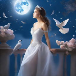 A beautiful woman who has transformed into a princess on a full moon night, gazing at the sky with birds flying above